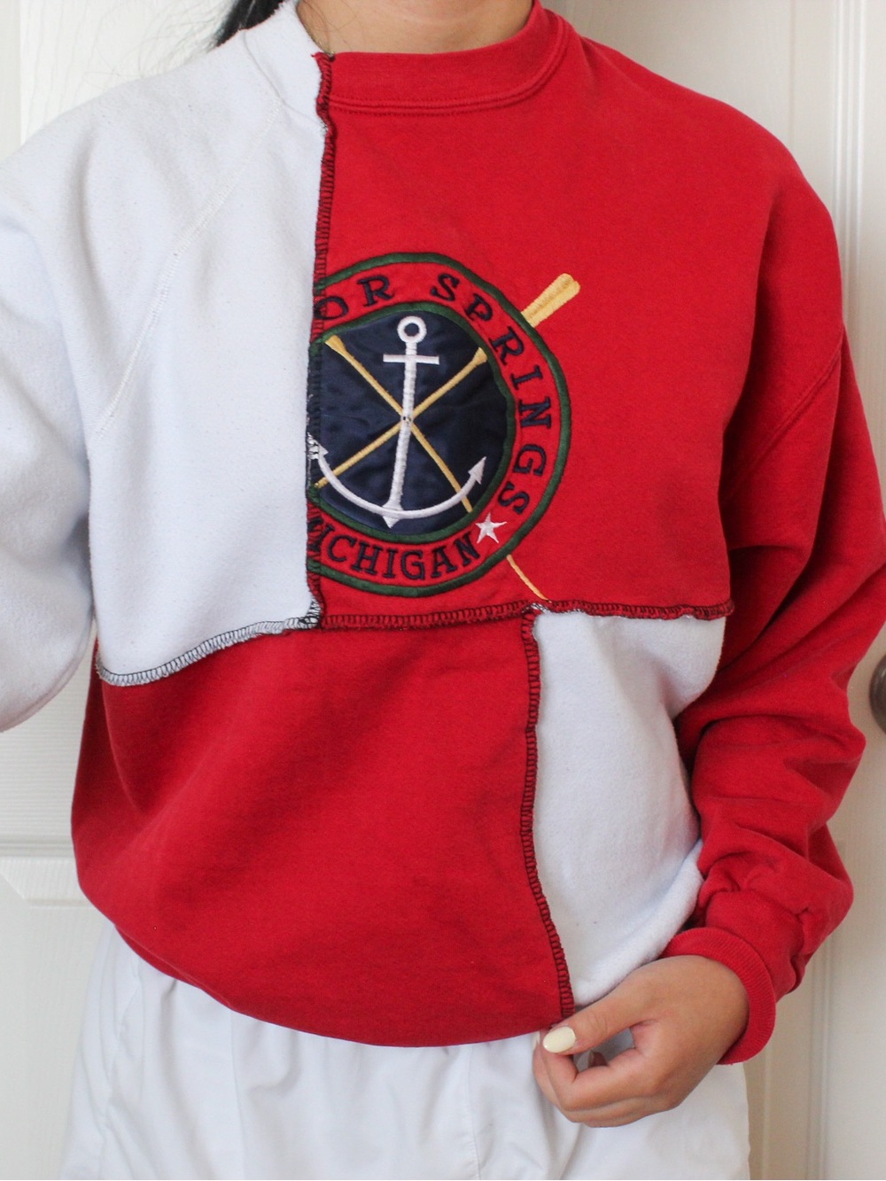 Red and White Patchwork Crewneck Sweater